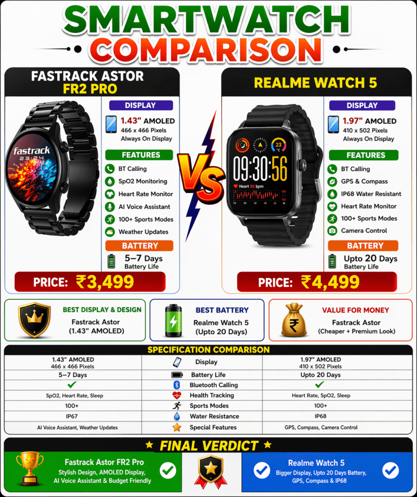 Fastrack FR2 Pro vs Realme Watch 5 smartwatch comparison chart