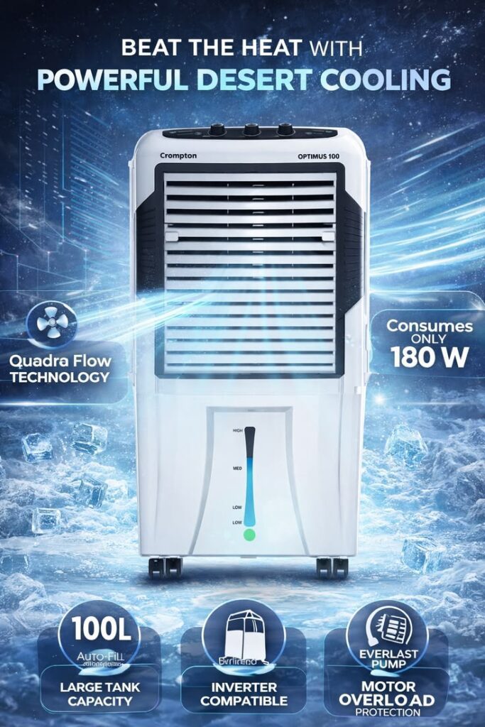 Bajaj DMH 90 Neo vs Crompton Optimus 100 air cooler comparison chart showing features and specifications"
