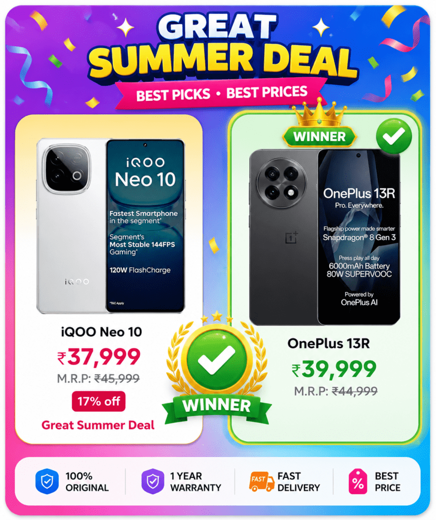iQOO Neo 10 vs OnePlus 13R comparison card with price, battery, gaming and display details
