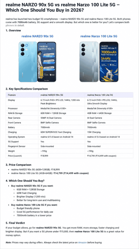 Realme Narzo 90x 5G vs Realme Narzo 100 Lite 5G comparison showing design, battery, display, performance and price